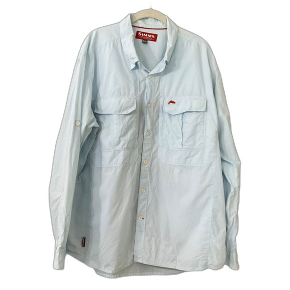 SIMMS Fishing Guide Shirt Mens Sz XXL Blue Long Sleeve Button Vented Zip Pockets - Picture 1 of 13